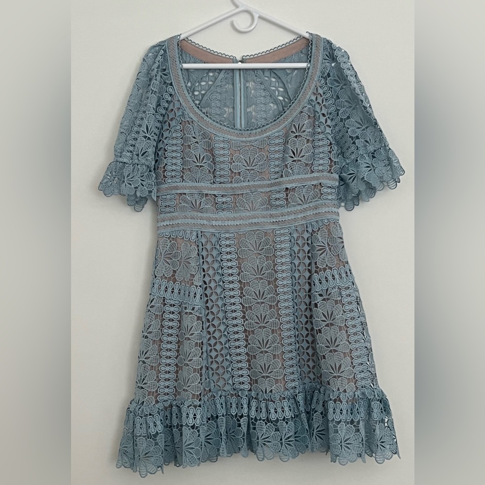 Self-portrait Blue Floral Guipure Lace Short-Sleeve Mini Dress UK14 US 10